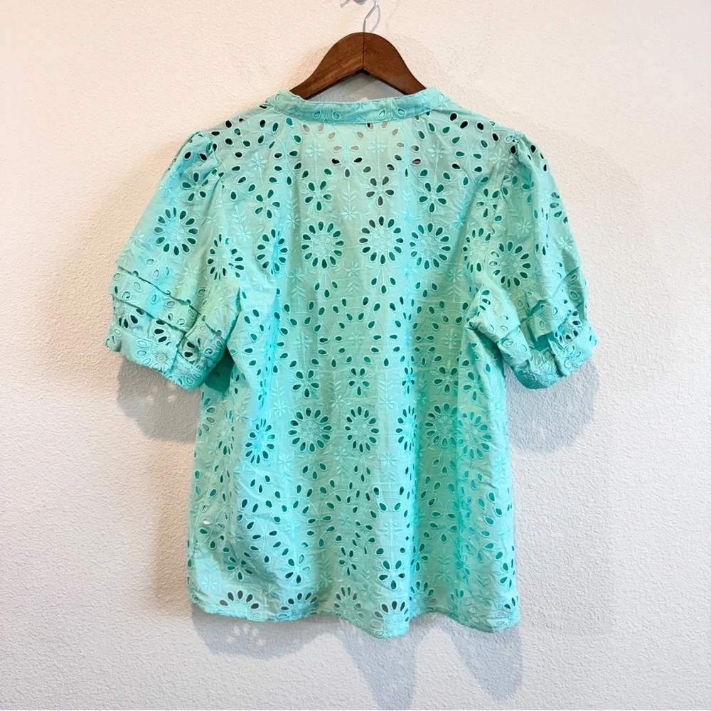 J.Crew Puff-Sleeve Eyelet Popover Top Mint Green Teal Romantic Cottagecore EUC